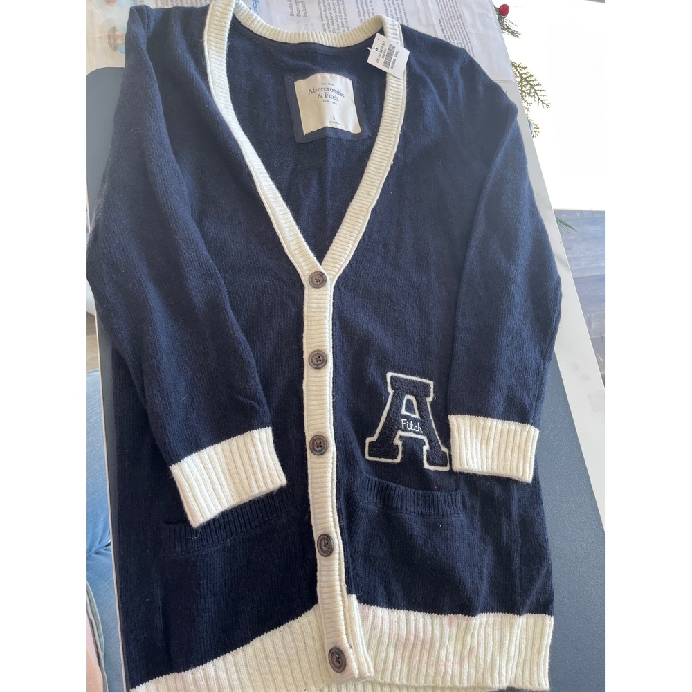 Abercrombie Fitch‎ Womens Cardigan Sweater Navy Blue Athletic Letter A Size S